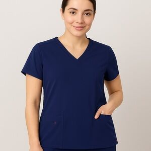 Smitten Women's Medium Scrub Top Navy Blue Short Sleeve Pockets Stretch